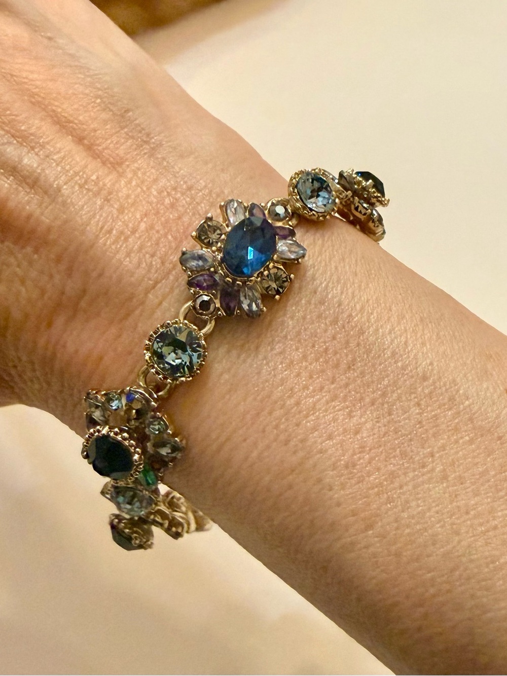 Gold-Tone Multi-Color Crystal Floral Bracelet - Blue & Green Accents